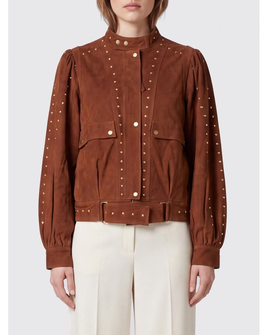 Farm Rio Brown Suede Biker Jacket With Studs And Adjustable Belt