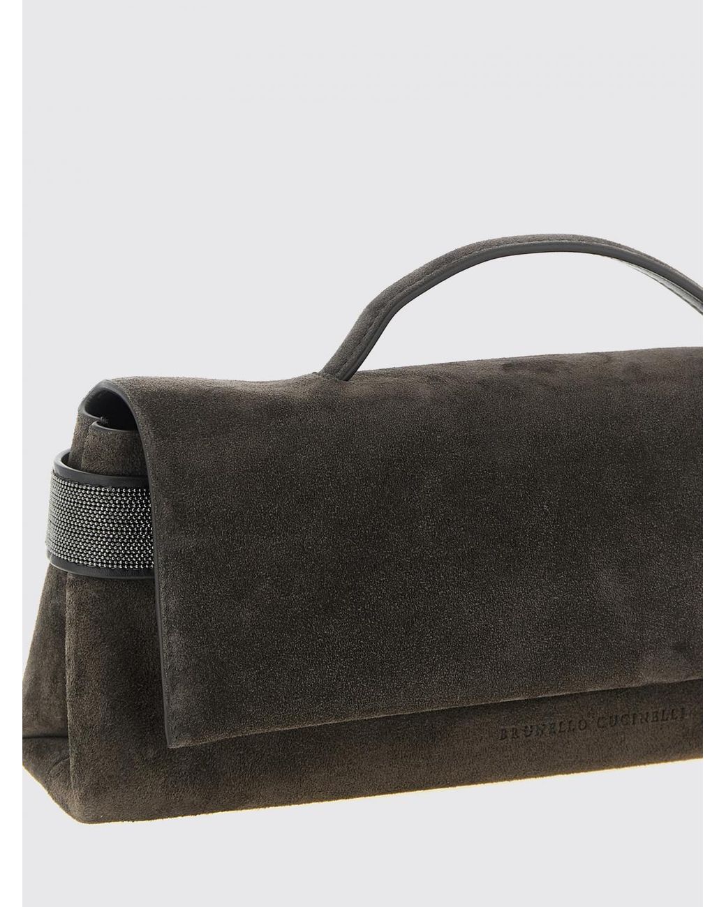 Brunello Cucinelli Black Suede Calfskin Clutch With Monili Embellishment