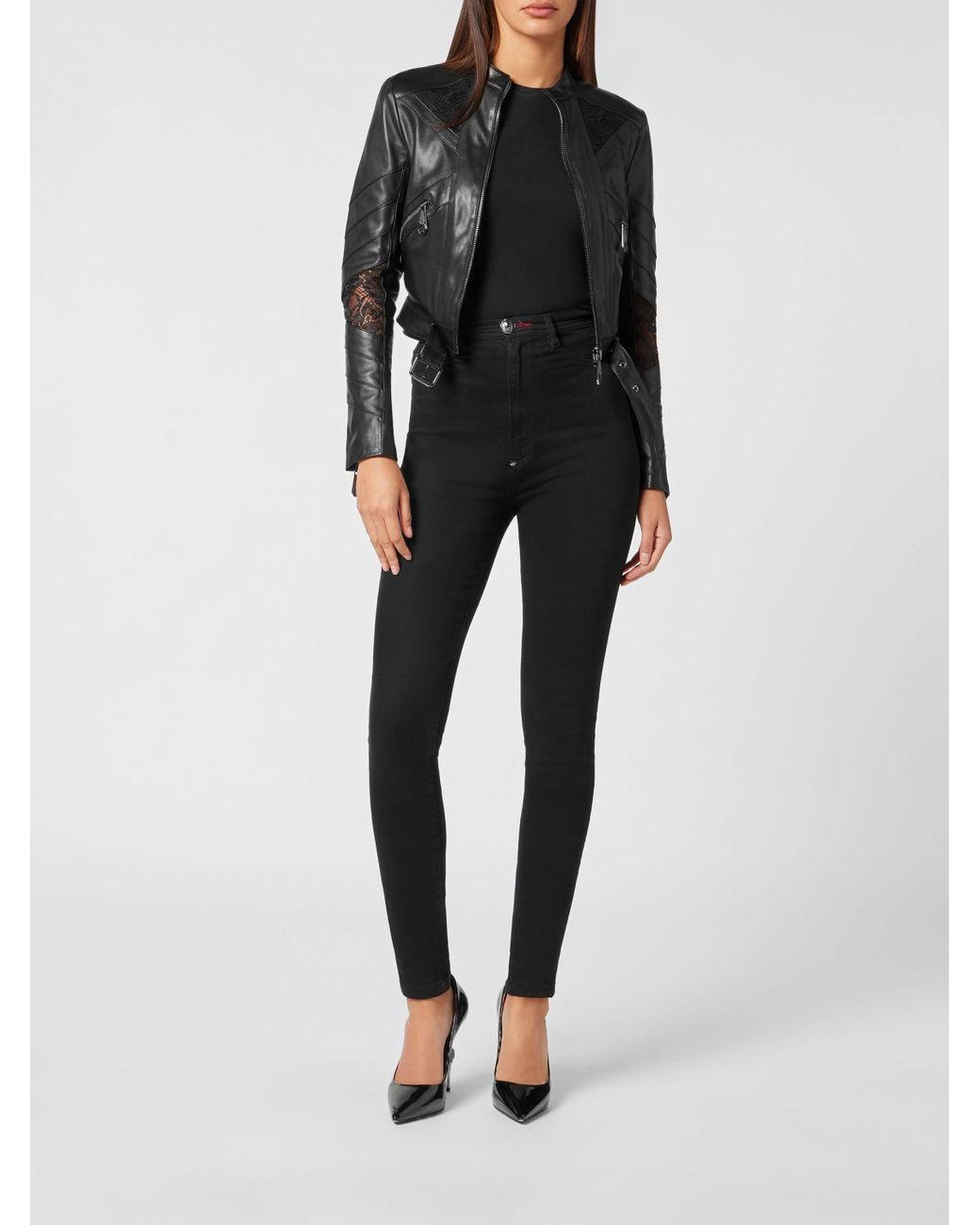Philipp Plein Black Nappa Leather And Lace Crop Biker Jacket