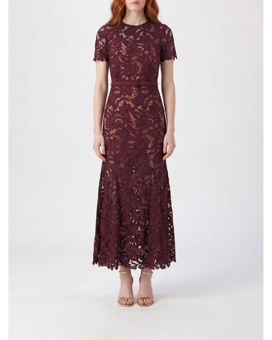Self-Portrait Purple A-Line Short-Sleeved Lace Mini Dress With Belt