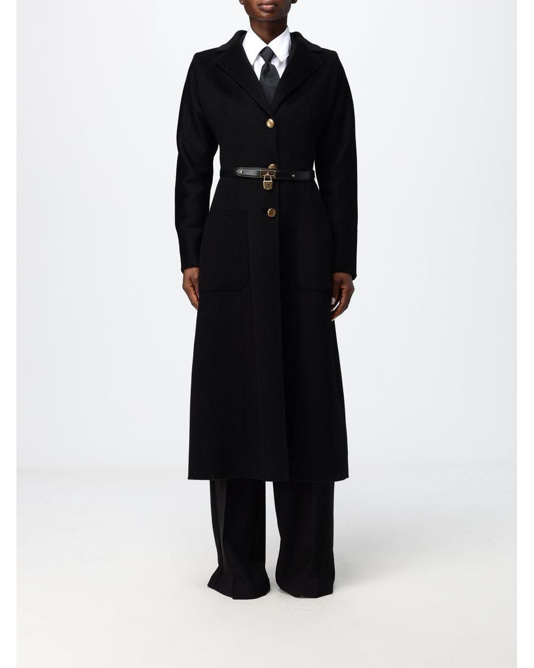 Elisabetta Franchi Black Single-Breasted Long Pure Wool Coat With Waist Belt