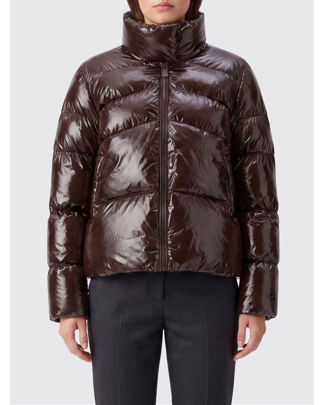 Pinko Brown Quilted Water-Repellent Nylon Short Puffer Jacket With High Neck