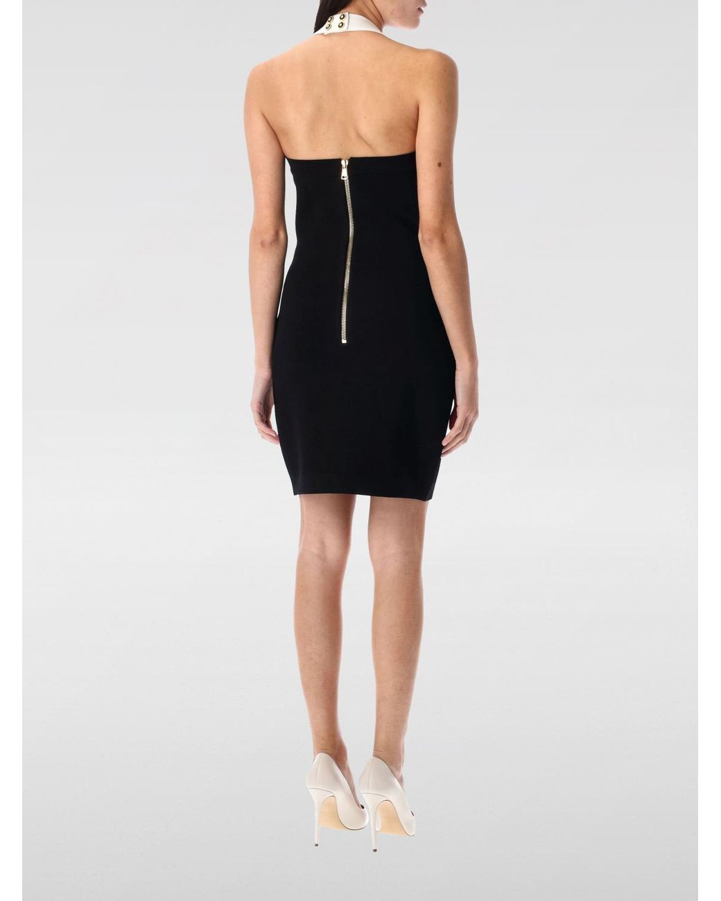 Balmain Black Sleeveless Fitted Mini Dress With Button Accent And Detailed Neckline