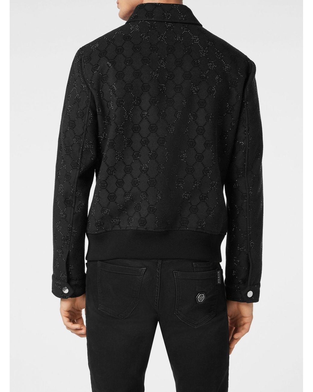 Philipp Plein Black Rhinestone Monogram Wool Bomber Jacket for men