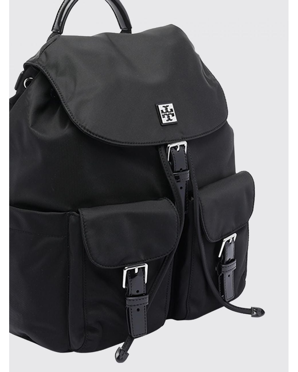 Tory Burch Black Virginia Recycled Nylon Backpack With Drawstring And Flap Closure