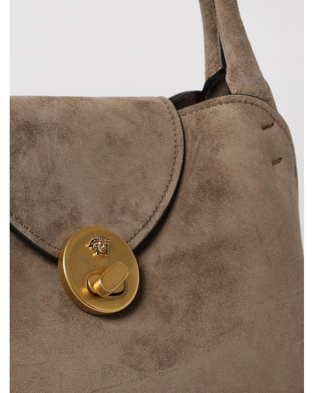 Versace Natural Vivian Small Suede Shoulder Bag With Turn-Lock Closure