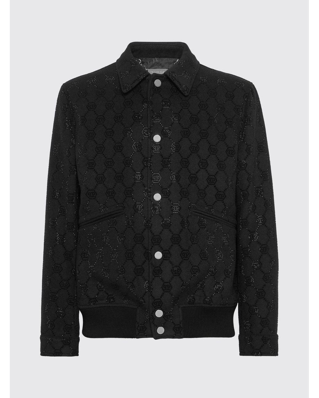 Philipp Plein Black Rhinestone Monogram Wool Bomber Jacket for men