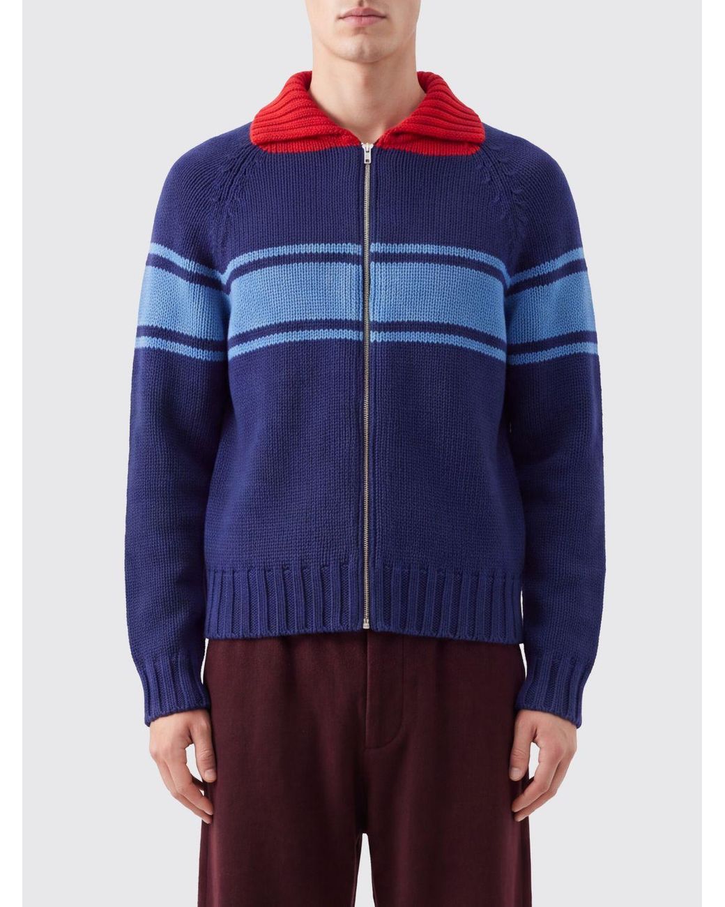 Marni Blue Striped Cotton Turtleneck Cardigan With Zip Closure for men