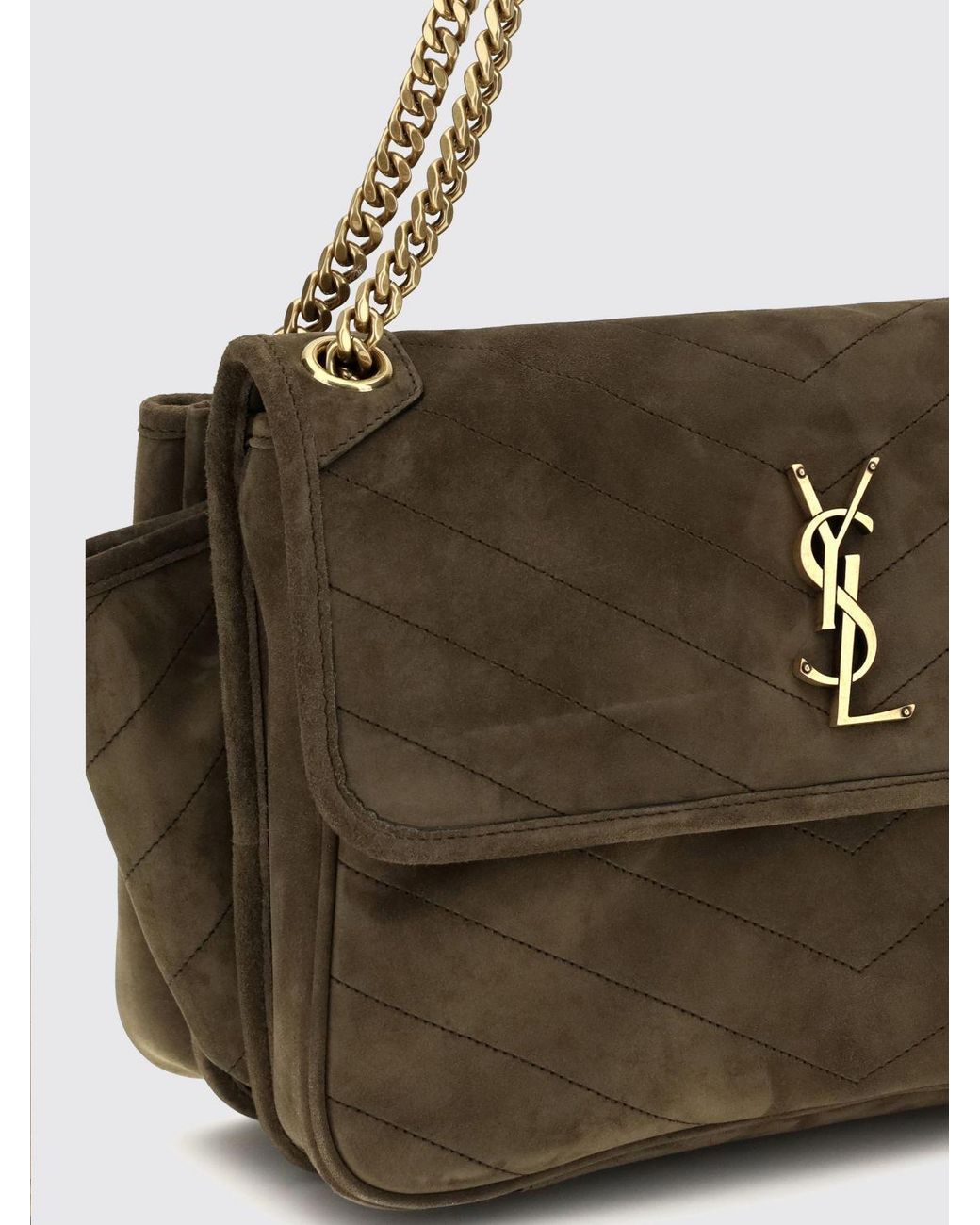 Saint Laurent Natural Niki Quilted Suede Shoulder Bag With Ysl Logo