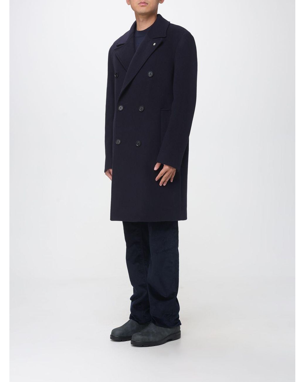 Manuel Ritz Blue Double-Breasted Wool Coat With Classic Lapels And Knee Length for men