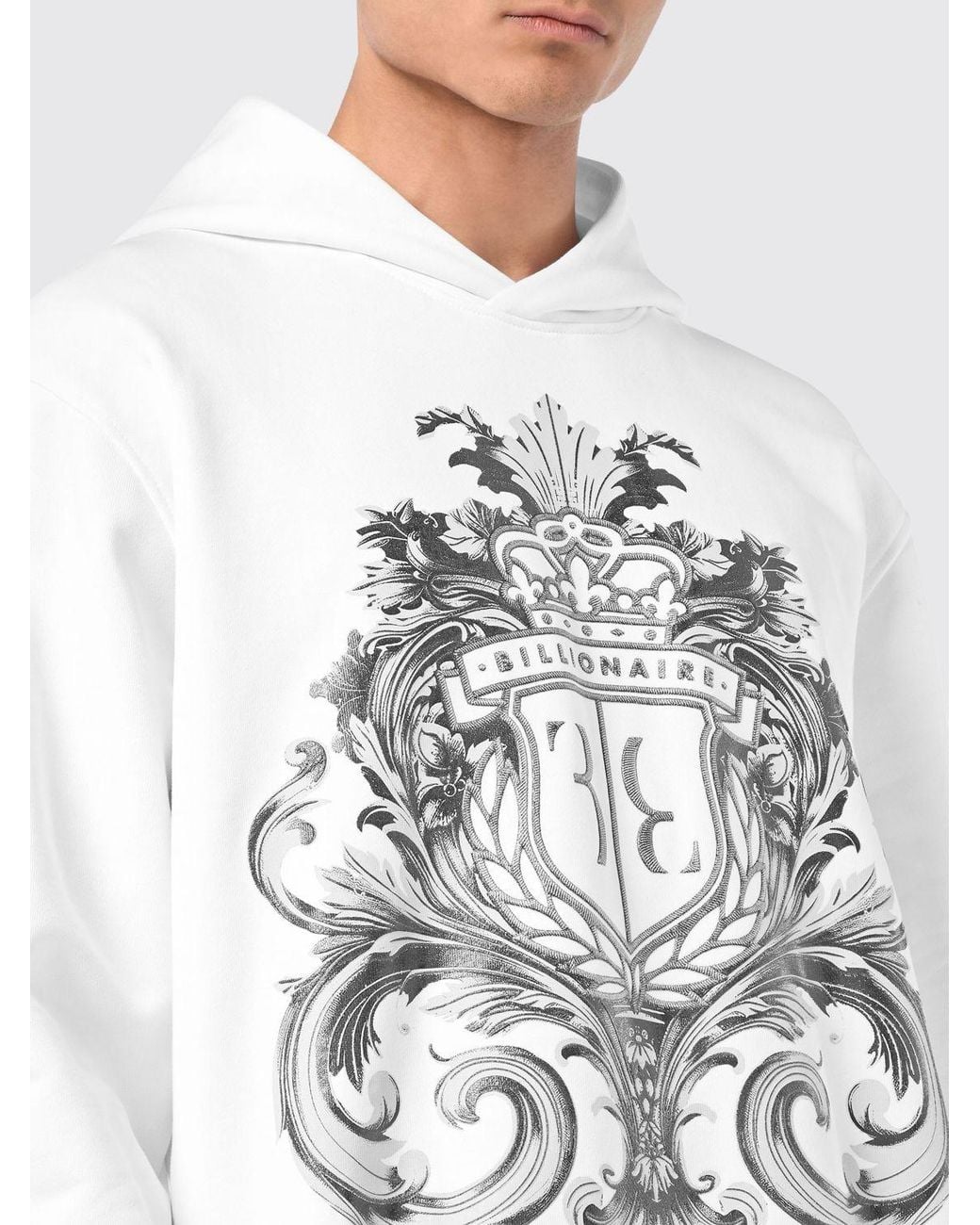 Billionaire White Cotton Hoodie With Baroque Print for men