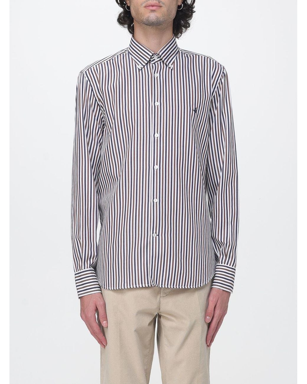 Brooksfield Gray Striped Cotton Slim Fit Shirt With Button-Down Collar for men