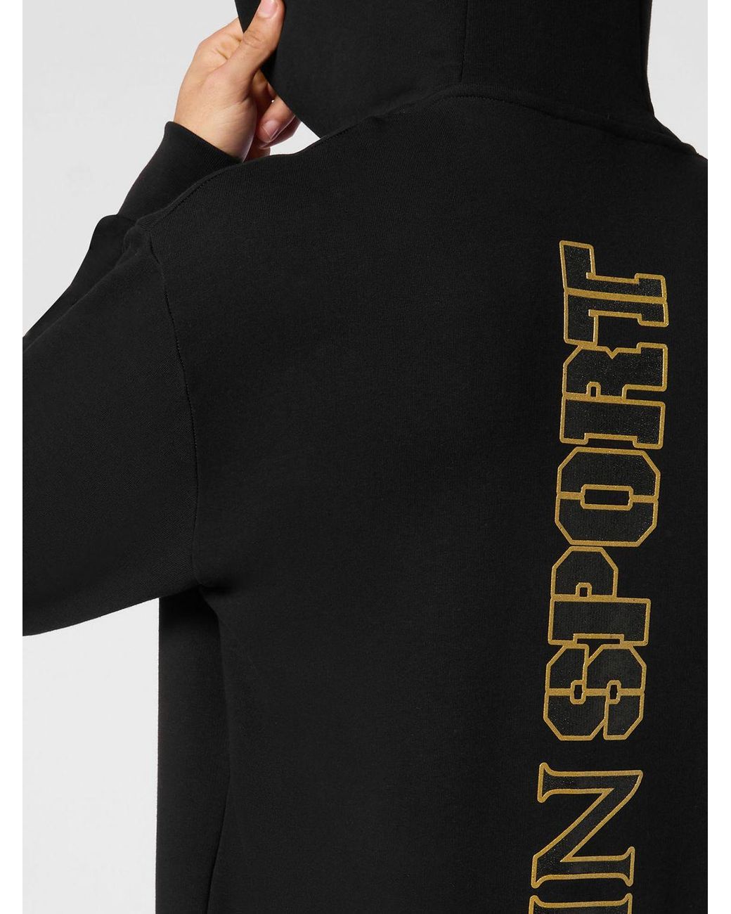 Philipp Plein Black Cotton Hoodie With Graphic Print And Hexagon Logo for men