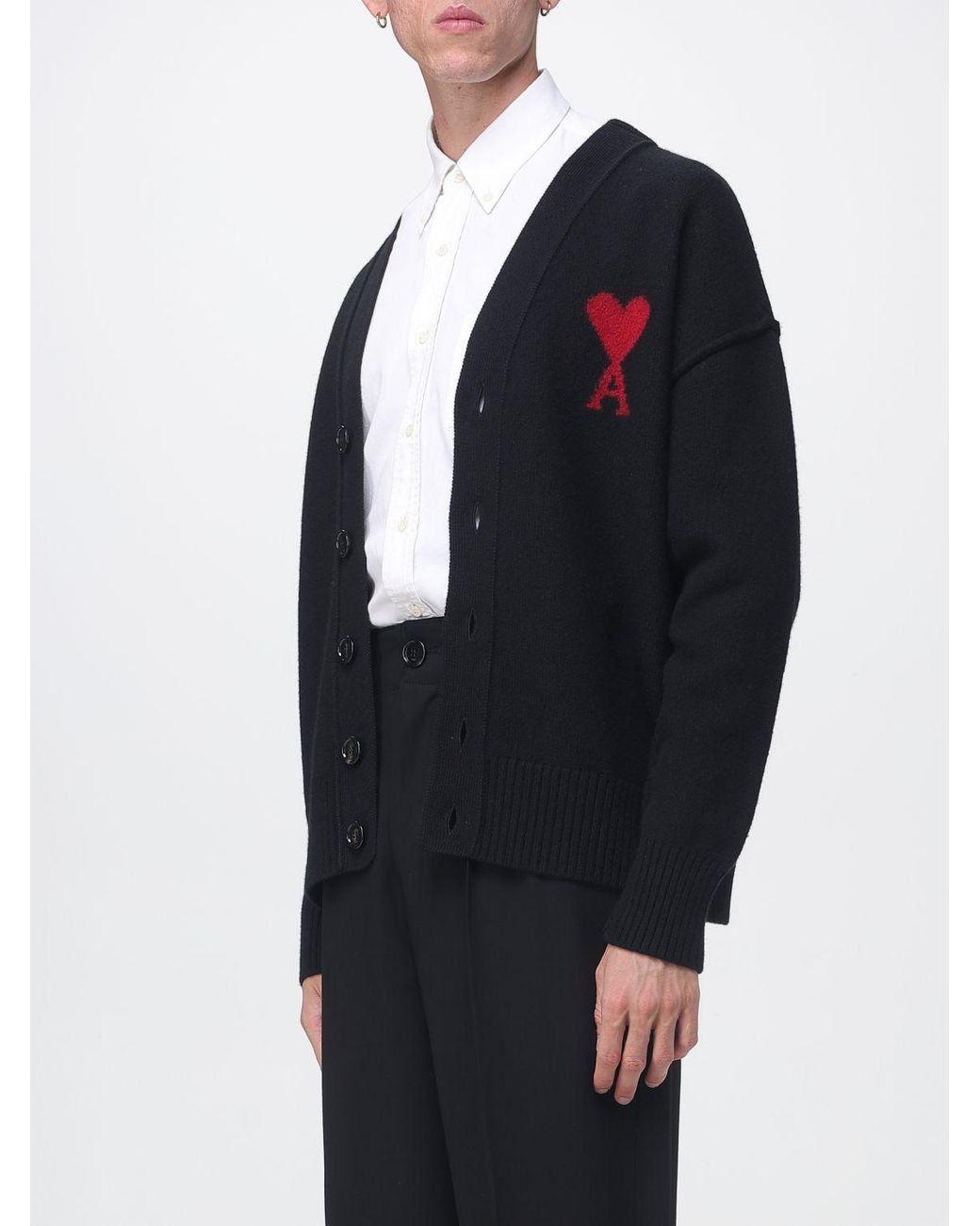 AMI Blue V-Neck Wool Cardigan With Contrast Logo for men