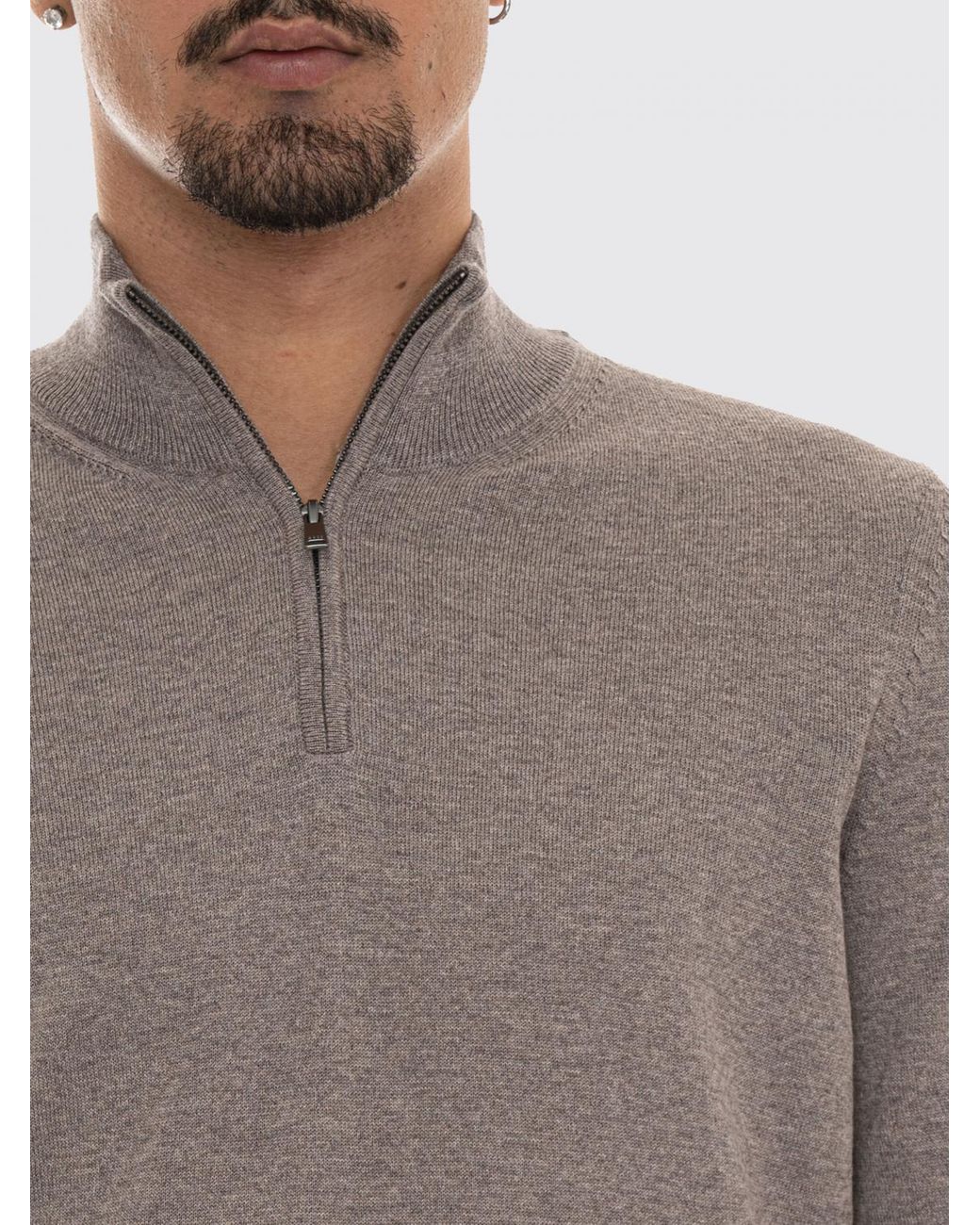 Boss Gray Pure Wool Half-Zip Turtleneck Jumper With Ribbed Hems for men