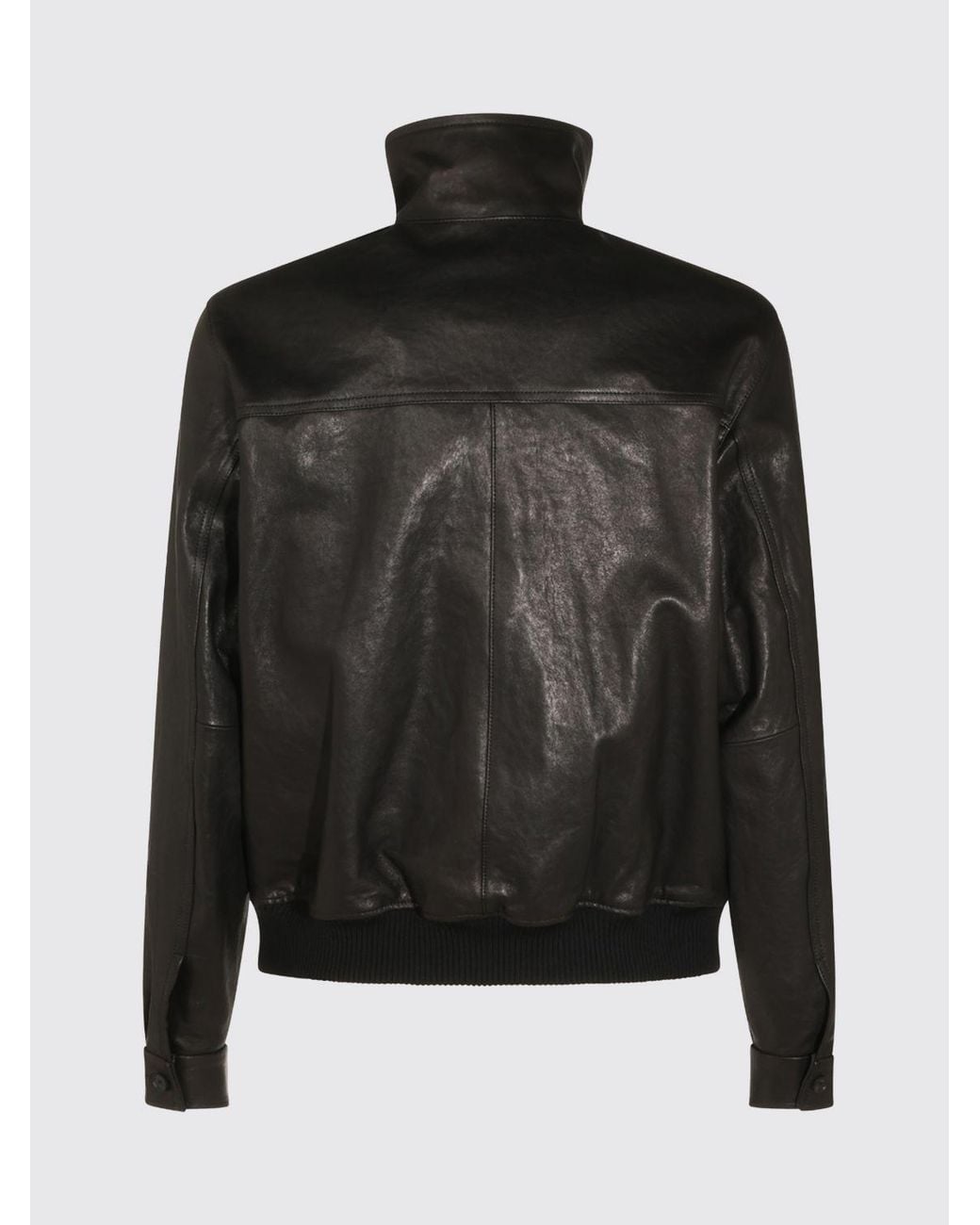 Auralee Black Leather Bomber Jacket With High Collar And Flap Pockets for men