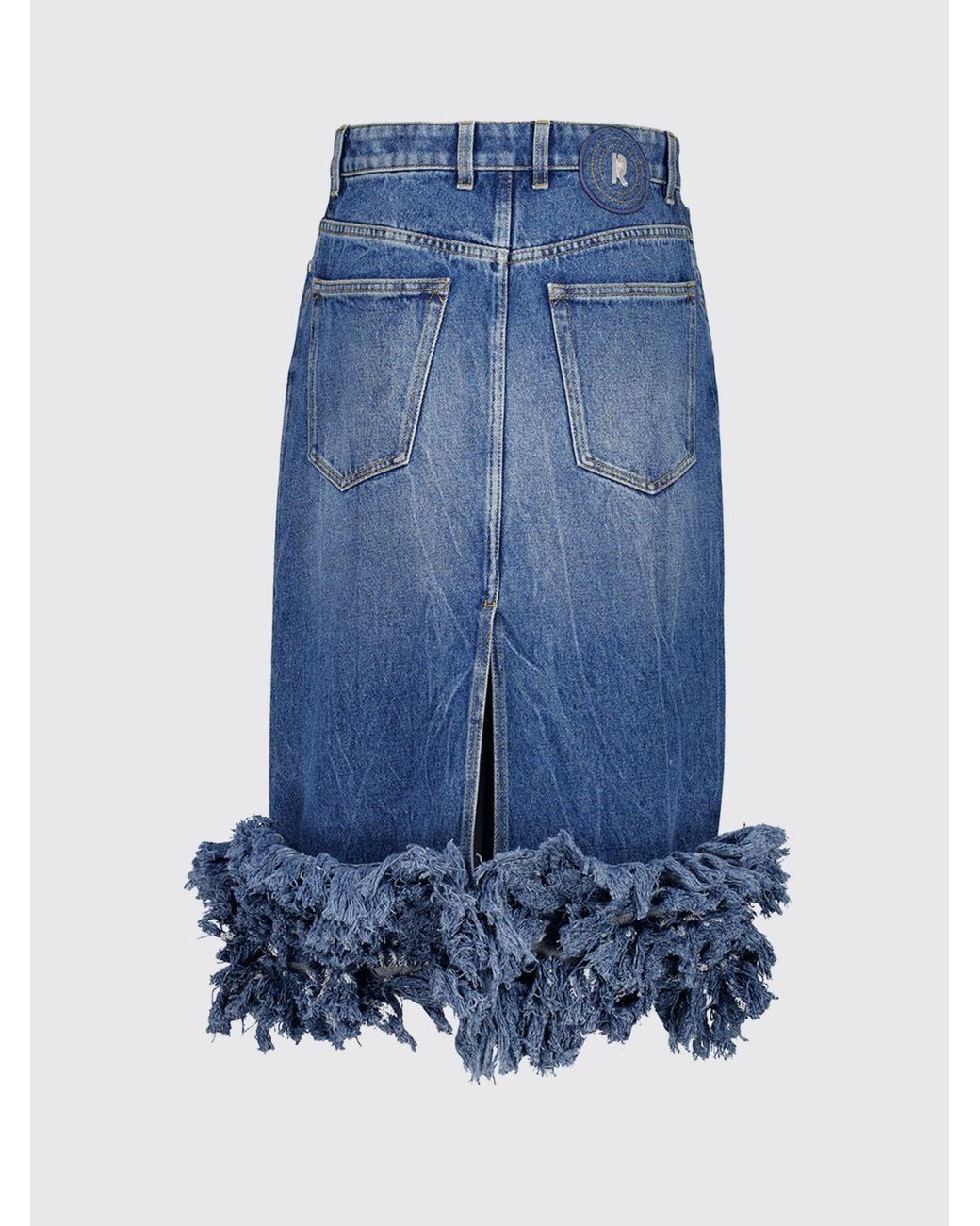 Rabanne Blue High-Waisted Cotton Denim Midi Skirt With Ruffles And Embroidery
