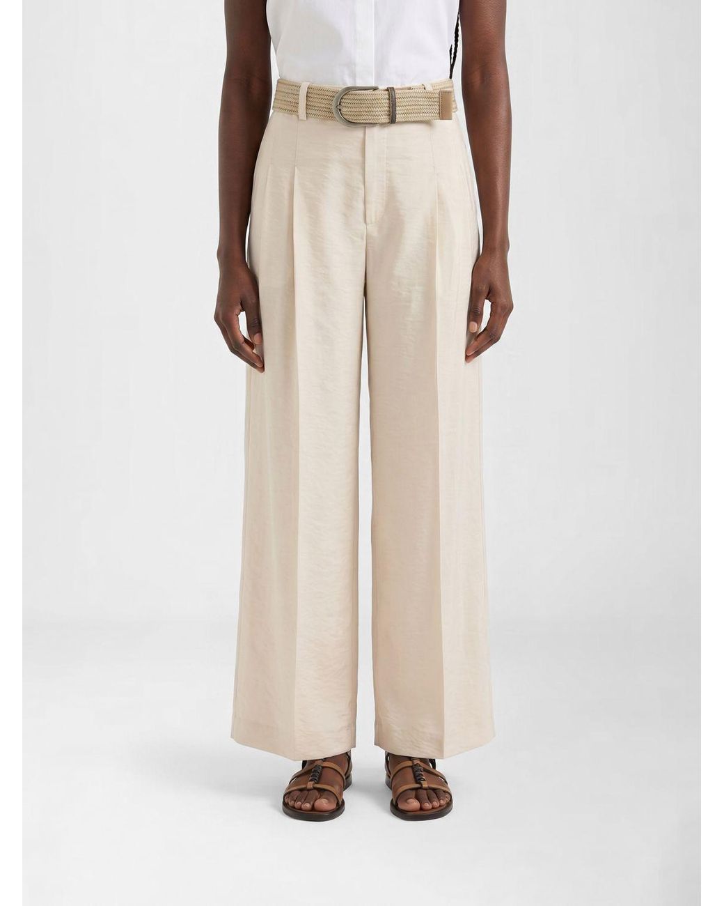 Brunello Cucinelli Natural Cotton Poplin Wide Leg Trousers