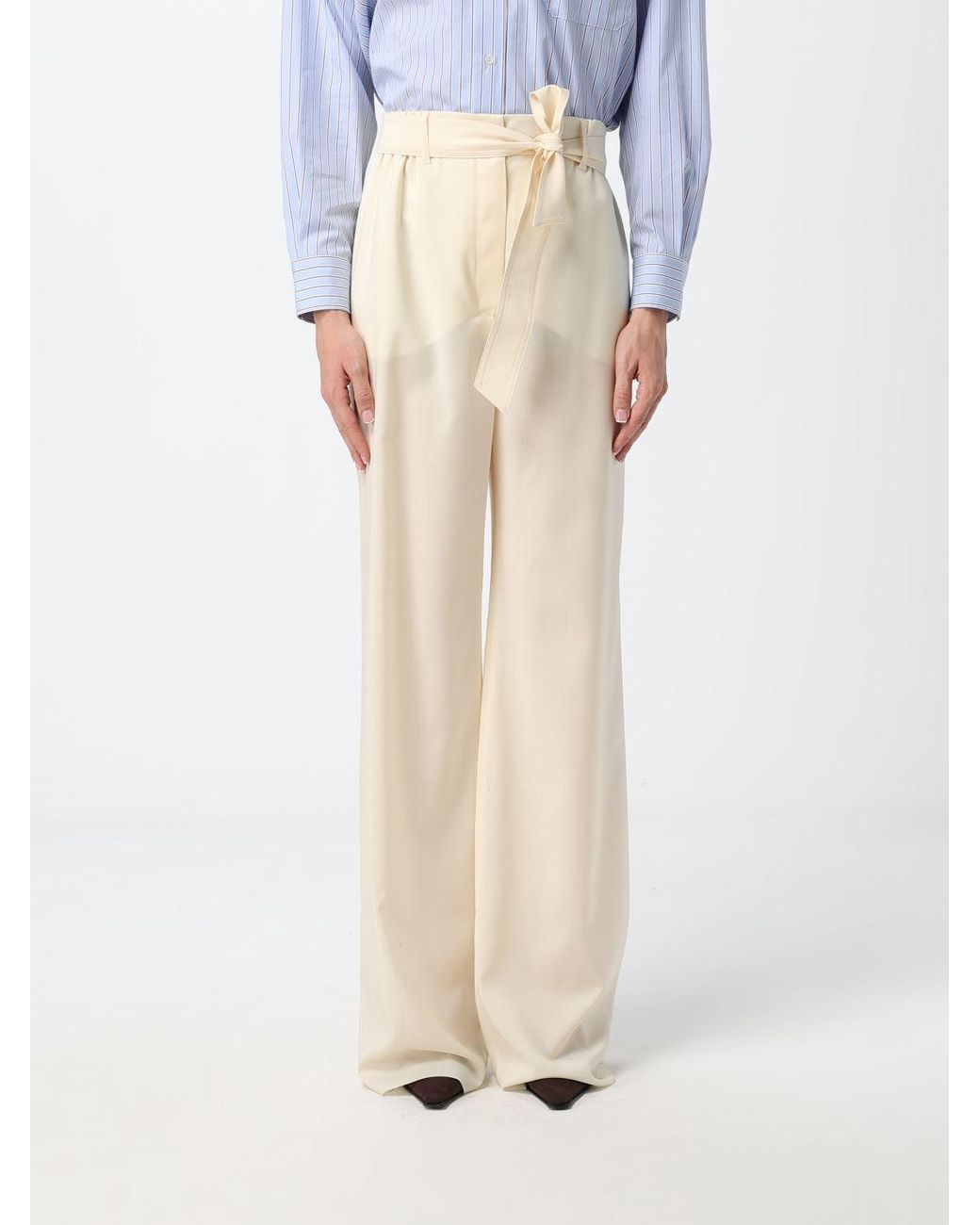 Max Mara White Wide Leg Virgin Wool Trousers With Tie Belt