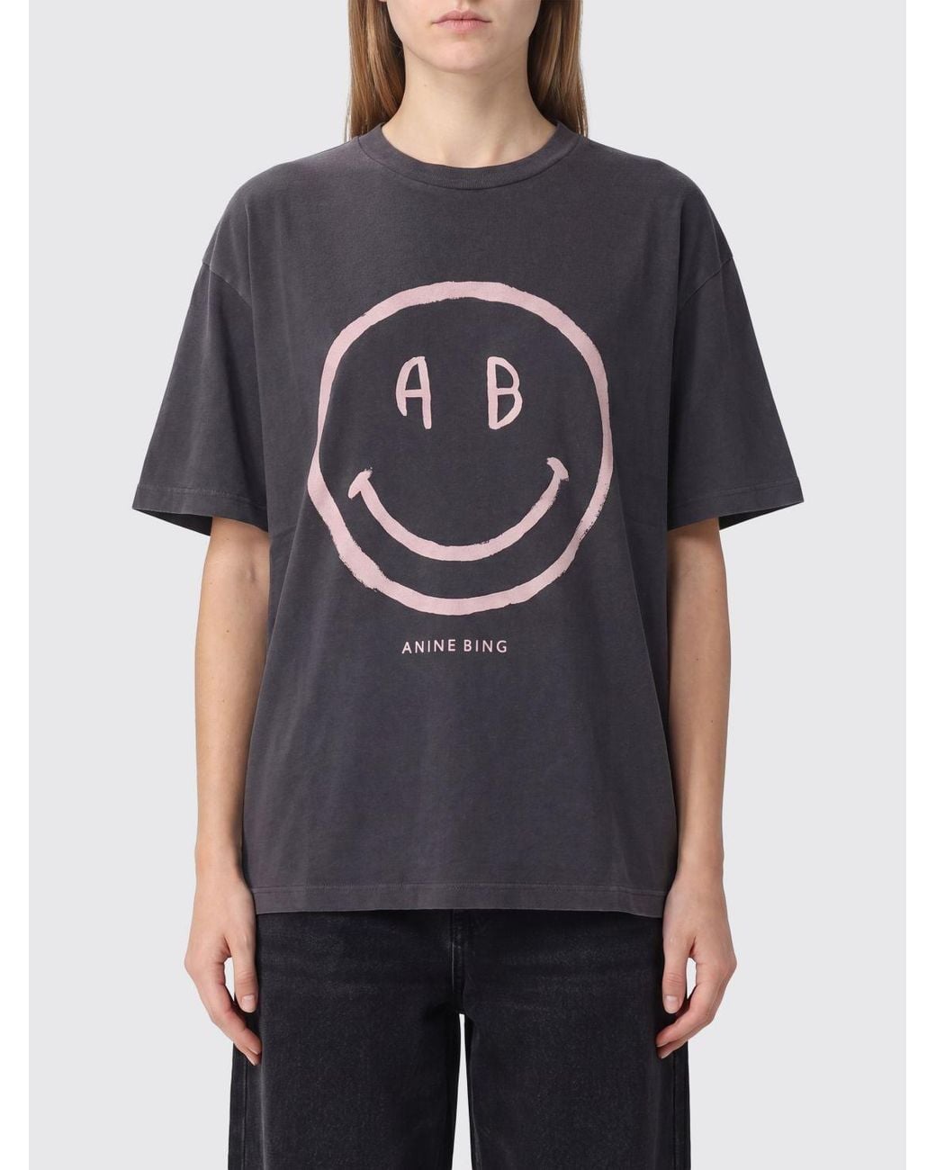 Anine Bing Gray Graphic Print Cotton T-Shirt With Contrasting Logo