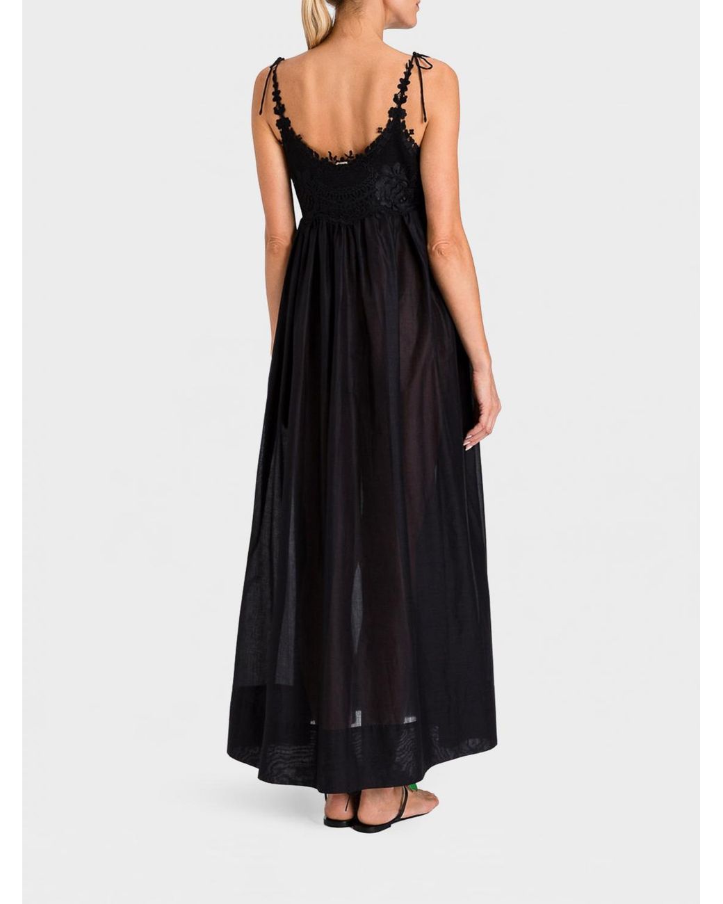 Twinset Black A-Line Cotton Maxi Dress With Lace Inserts And Embroidery