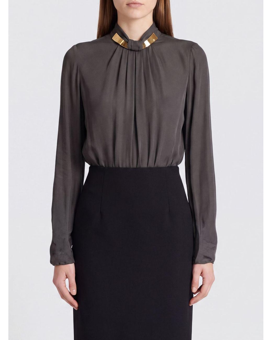 Elisabetta Franchi Black Long-Sleeved Georgette Blouse With Jewel Neck