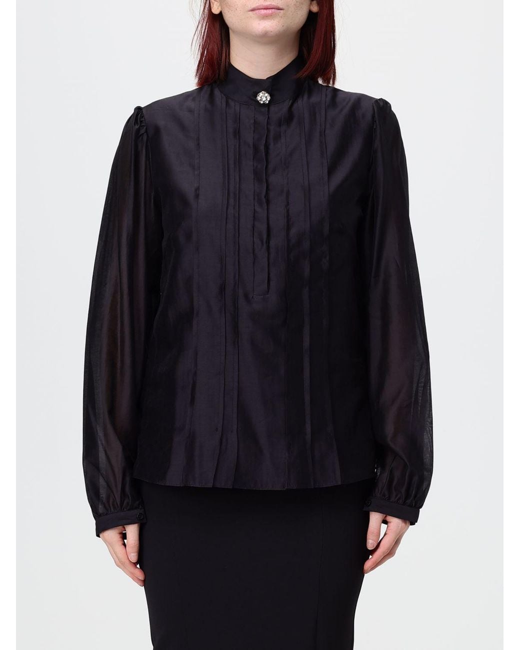 Hanita Blue Satin Shirt With Mandarin Collar And Embroidered Plastron