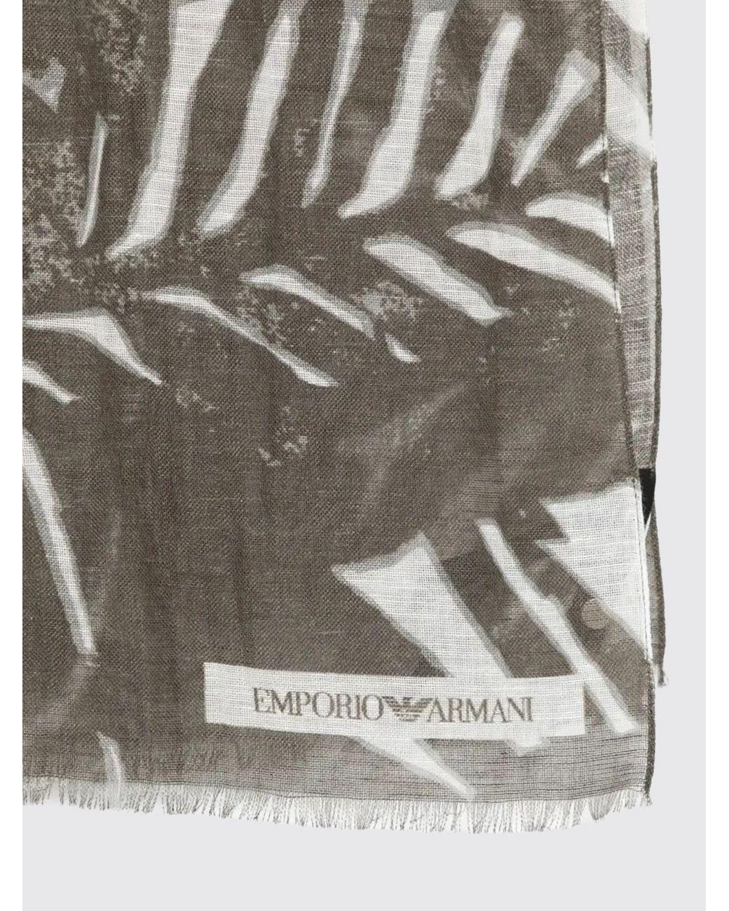 Emporio Armani Gray Tropical Print Linen Blend Scarf With Fringed Edges for men