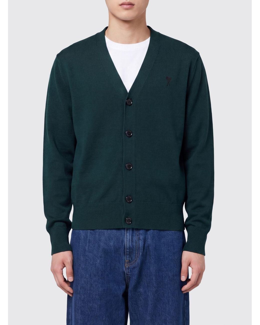 AMI Blue V-Neck Wool Cardigan With Contrast Embroidered Logo for men
