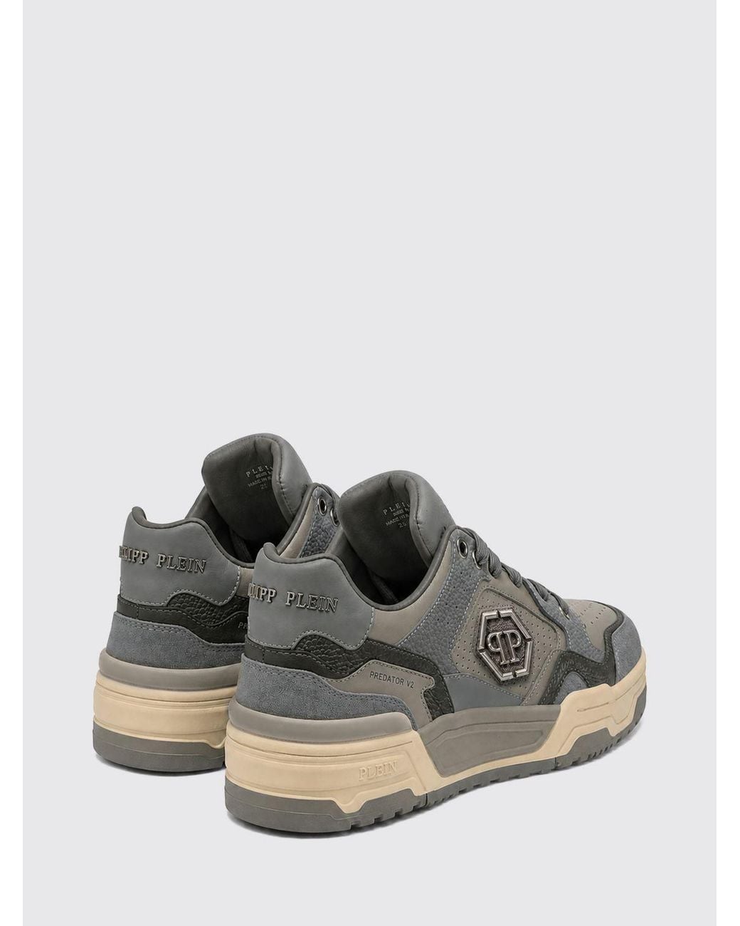 Philipp Plein Gray Predator V2 Low-Top Leather Trainers With Hexagon Logo for men