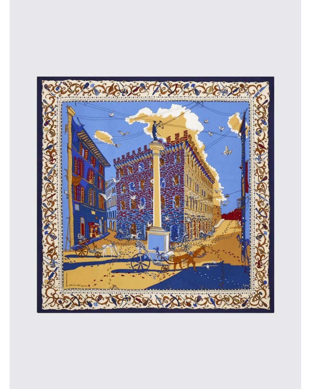 Ferragamo Blue Palazzo Spini Feroni Graphic Print Square Scarf