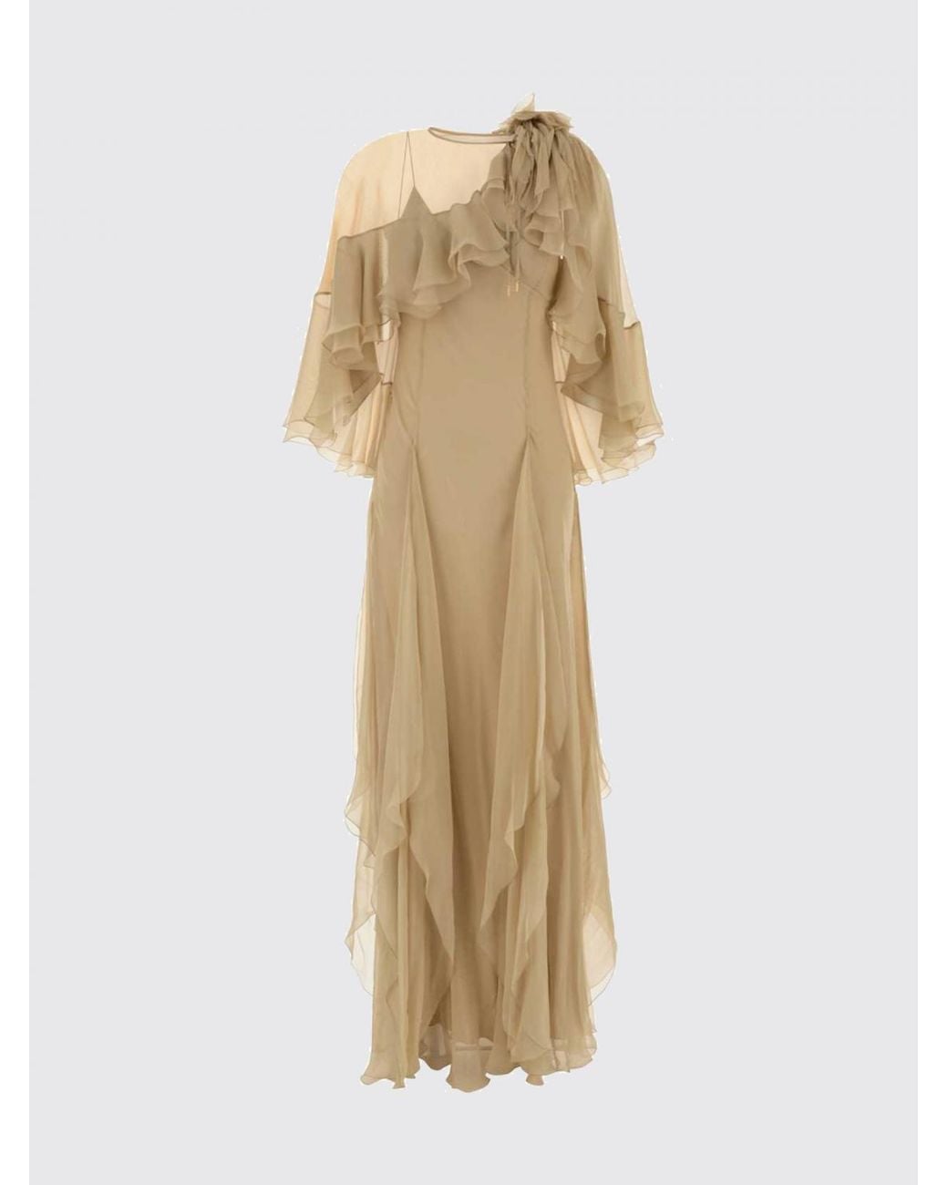 Alberta Ferretti Natural Sleeveless Embroidered Silk Gown With Ruffle Details