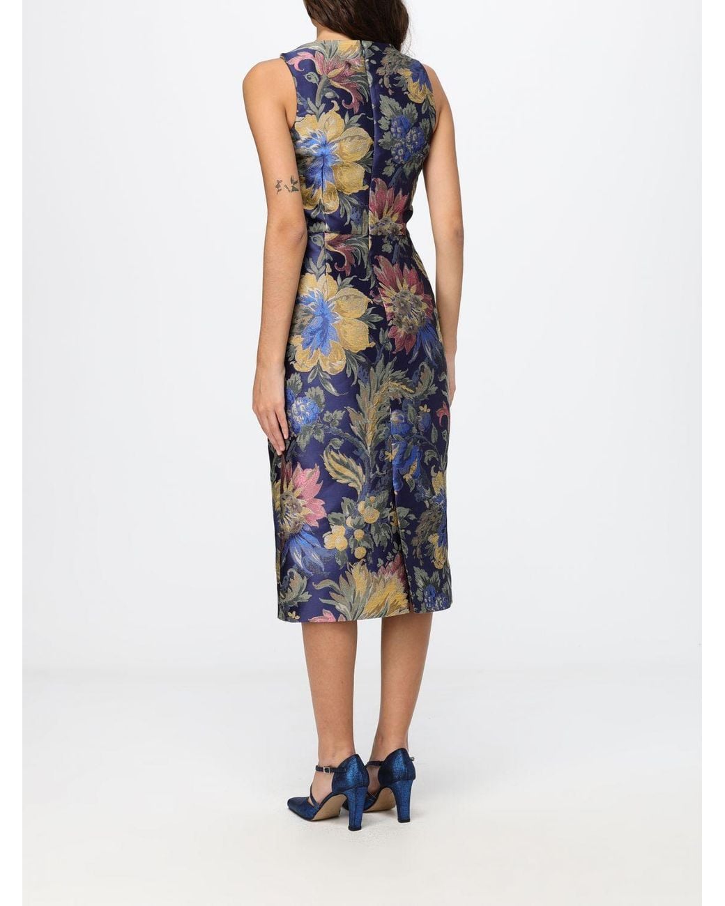 Etro Blue Floral Print Midi Sheath Dress