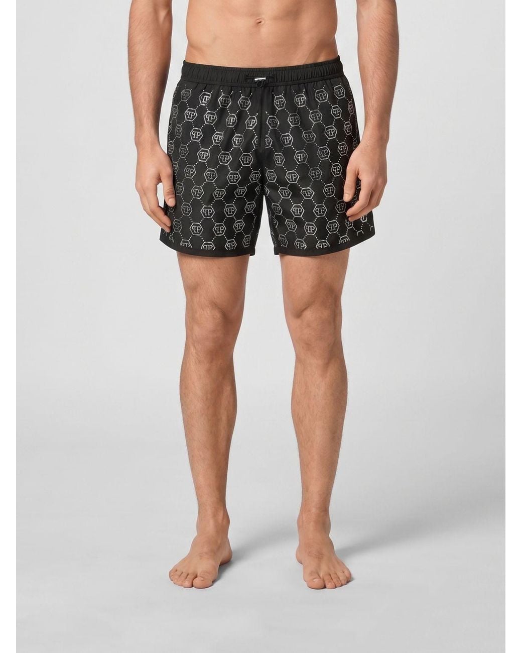 Philipp Plein Black Rhinestone Polyester Swimsuit for men