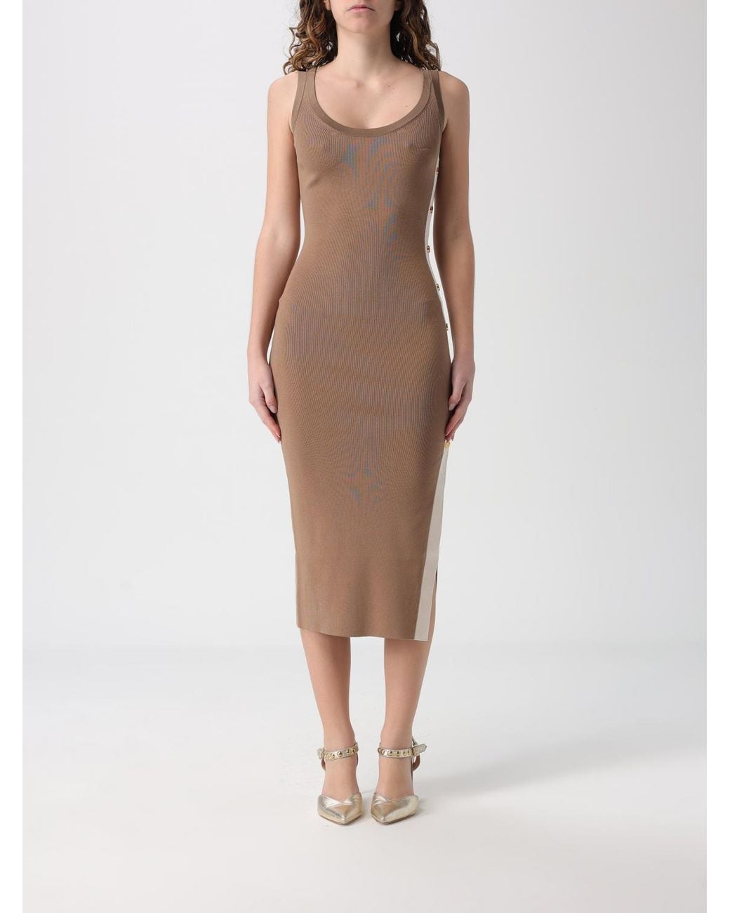 Elisabetta Franchi Natural Knit Dress With Shiny Viscose Bands
