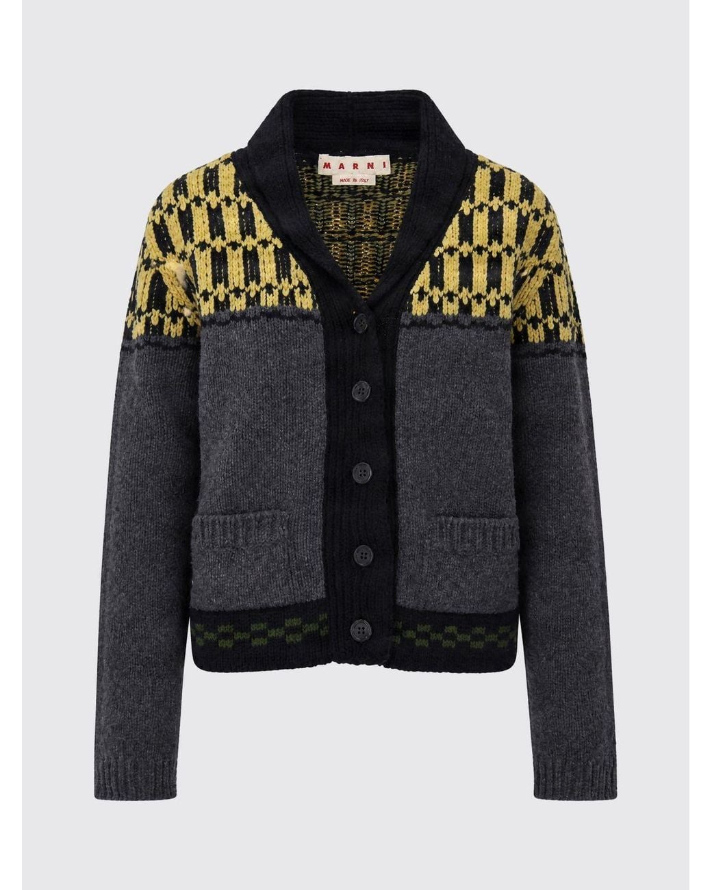 Marni Black Check Pattern Wool Cardigan With Shawl Collar
