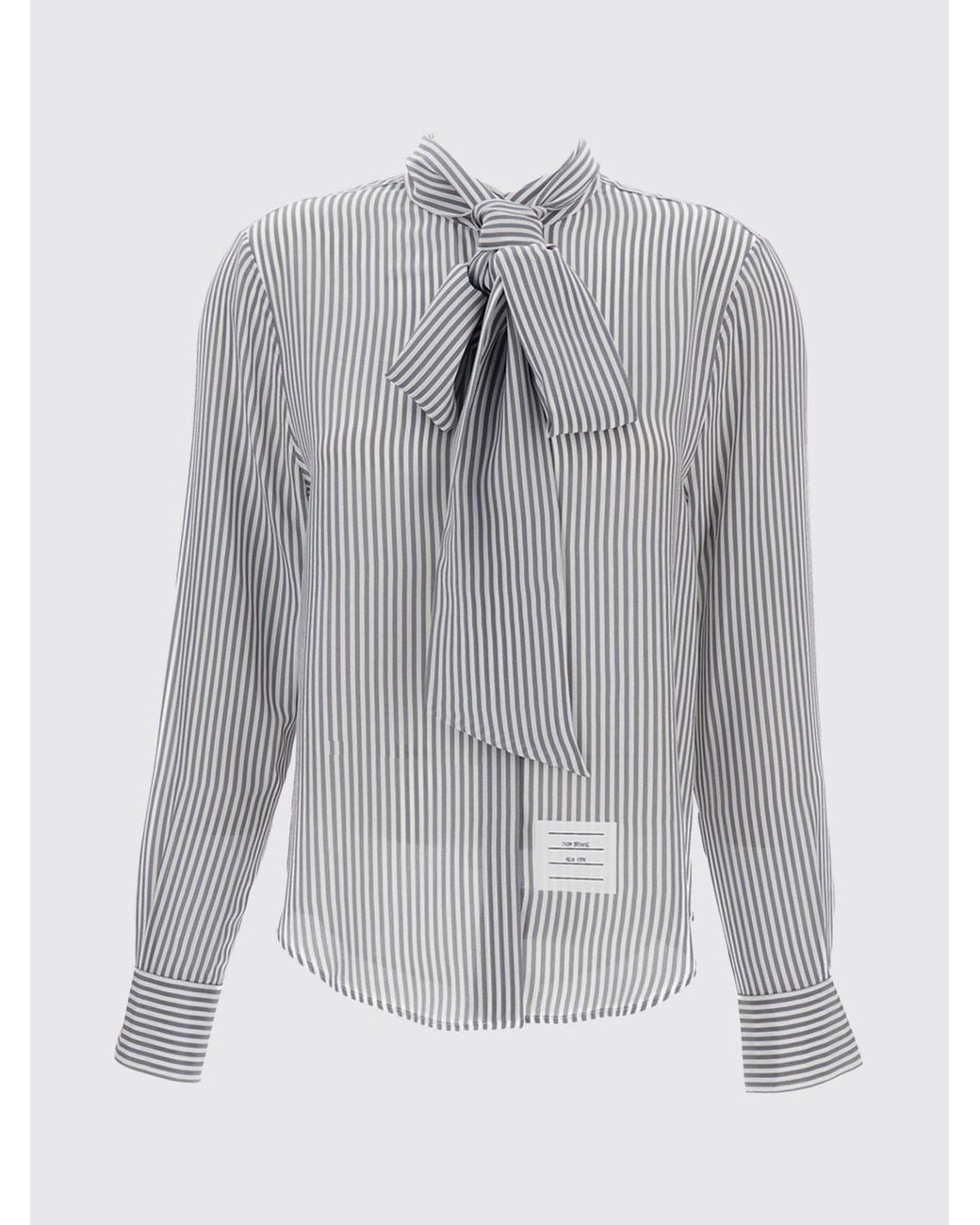 Thom Browne Gray Striped Silk Blouse With Pussy-Bow Neck And Curved Hem
