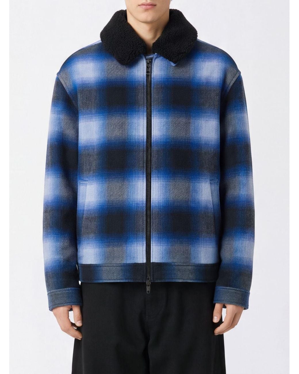 Balenciaga Blue Check Wool Flannel Short Coat With Fur Collar for men