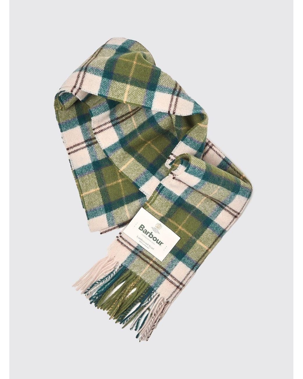 Barbour Green 100% Lambswool Scarf With Classic Tartan Pattern And Fringes for men