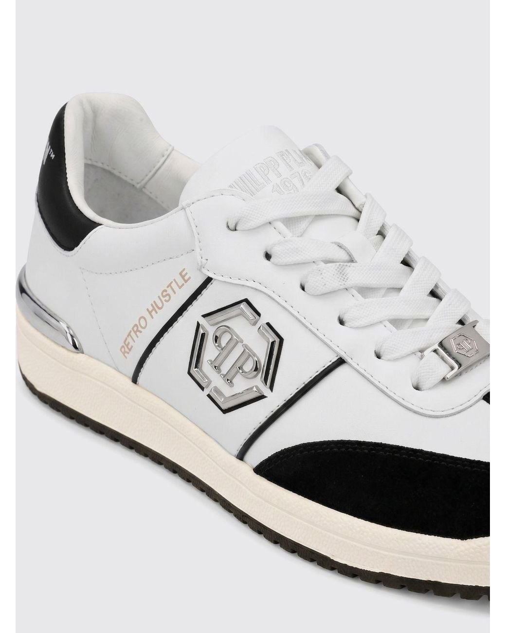 Philipp Plein White Retro Hustle Leather Sneakers With Hexagon Logo for men