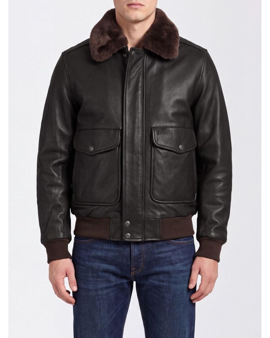 Schott Nyc Black Leather Bomber Jacket With Fur Collar And Concealed Closure for men
