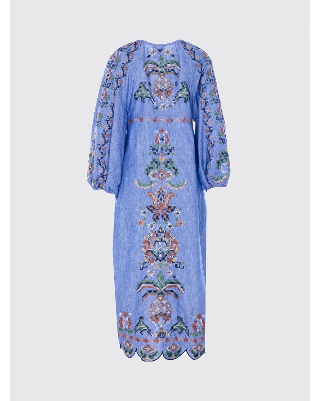 Farm Rio Blue Garden Tapestry Linen Dress With Embroidery