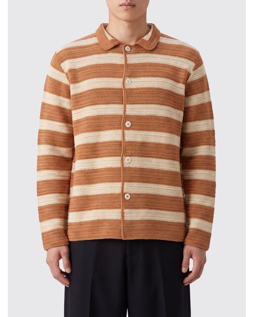 Bode Brown Long-Sleeved Striped Cotton Shirt-Style Cardigan With Classic Collar for men