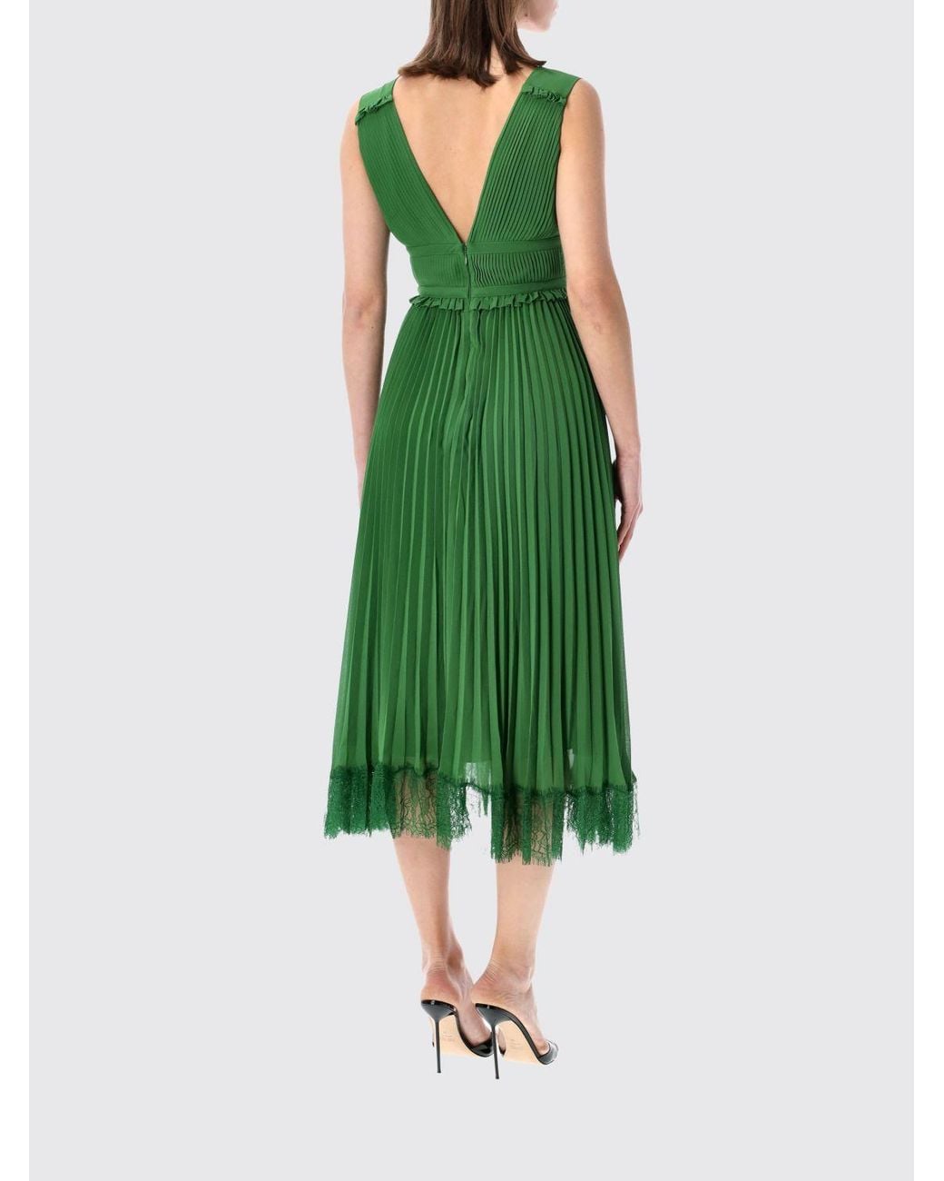 Self-Portrait Green Pleated Crêpe Midi Dress