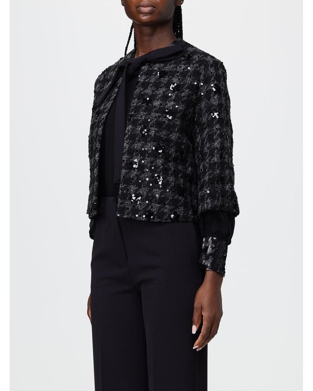 Hanita Blue Cropped Jacket With Houndstooth Embroidery And Sequins