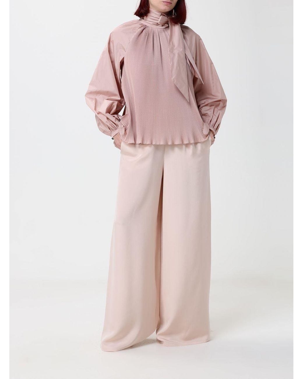Max Mara Pink Pleated Silk-Blend Blouse With Scarf-Neck And Long Sleeves