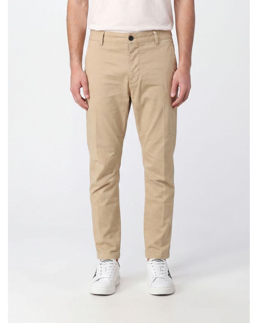 DSquared² Natural Slim Fit Stretch Cotton Chino Trousers With Mid-Rise Waist for men