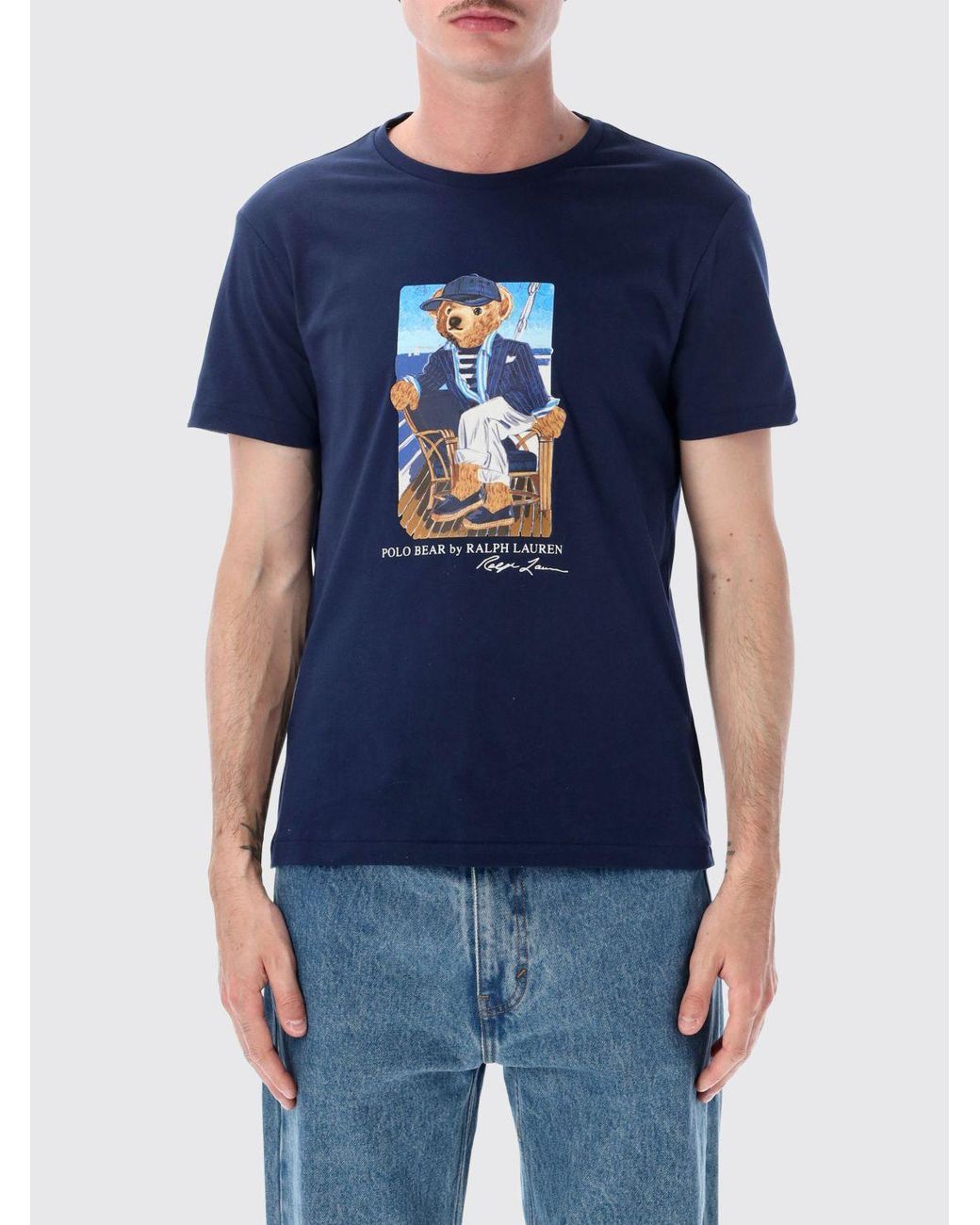 Polo Ralph Lauren Blue Slim Fit Cotton T-Shirt With Teddy Bear Print for men