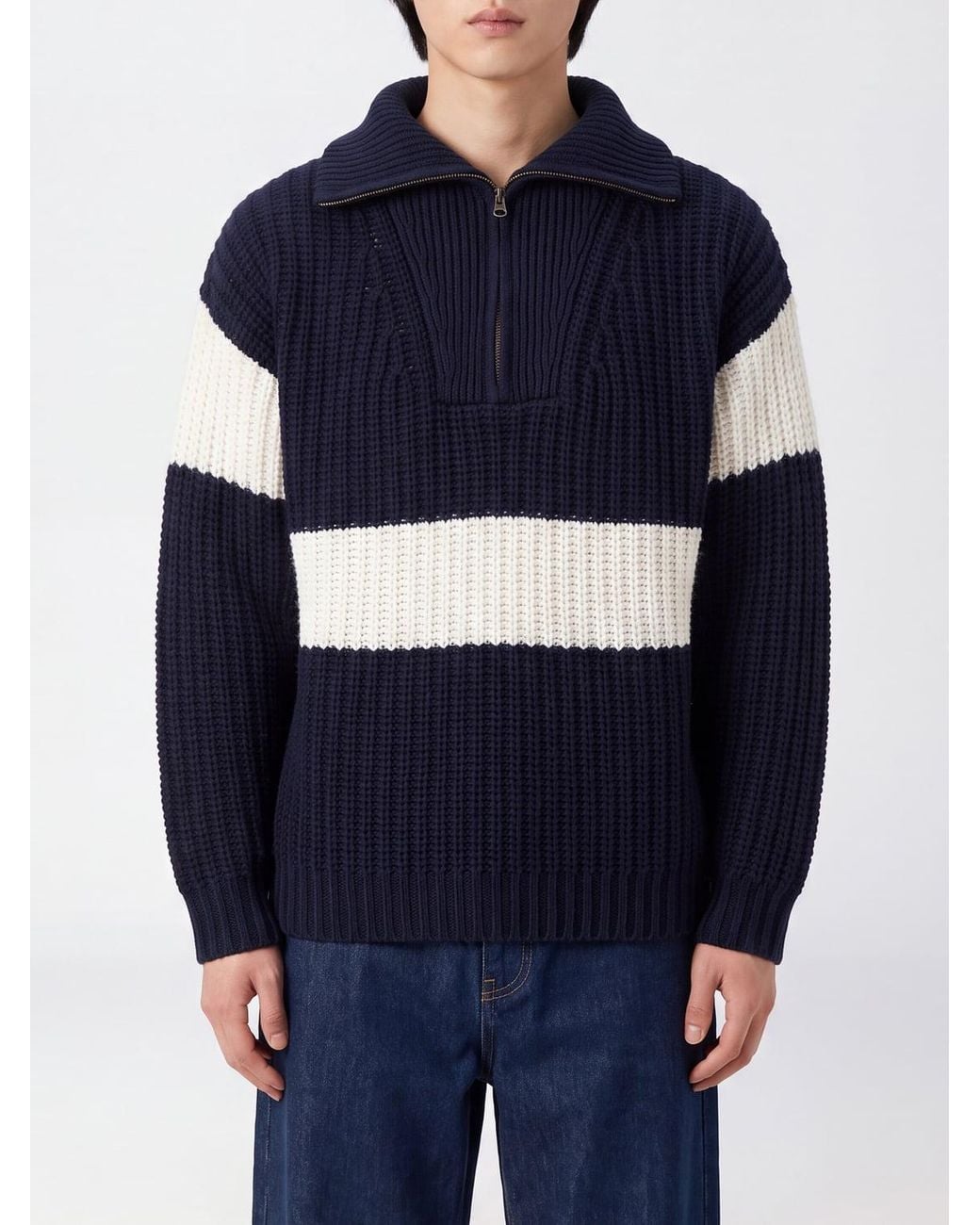 Lisa Yang Blue 100% Cashmere Half-Zip High Neck Jumper for men