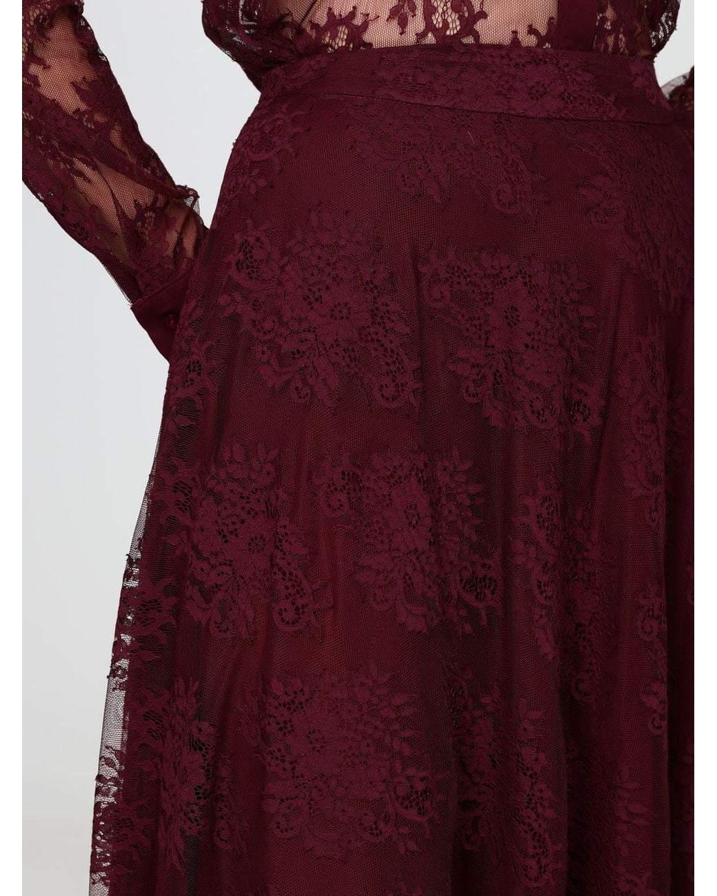 Hanita Red High-Waisted A-Line Long Lace Skirt With Concealed Closure